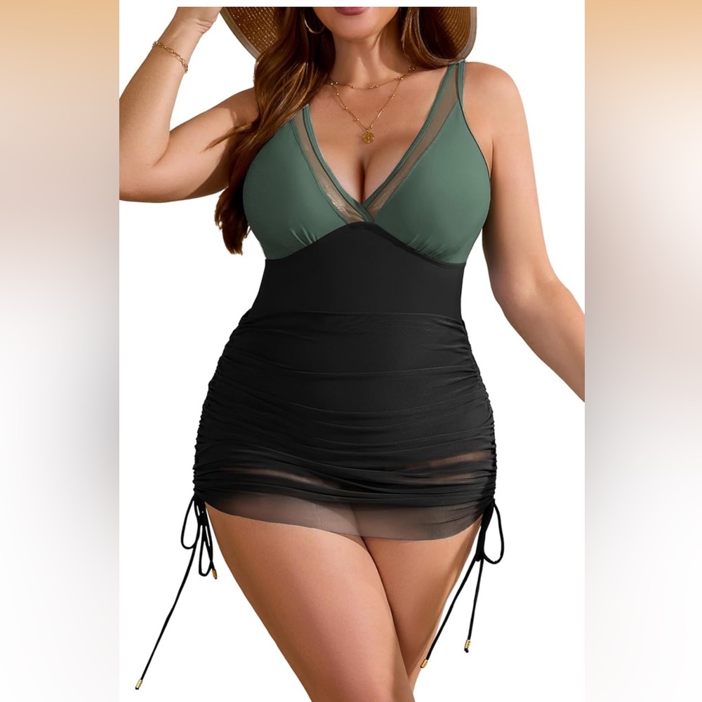 Eagerbuy Plus Size Swim Dress One Piece Tummy Control Mesh Sheer 3XL/ 769-5